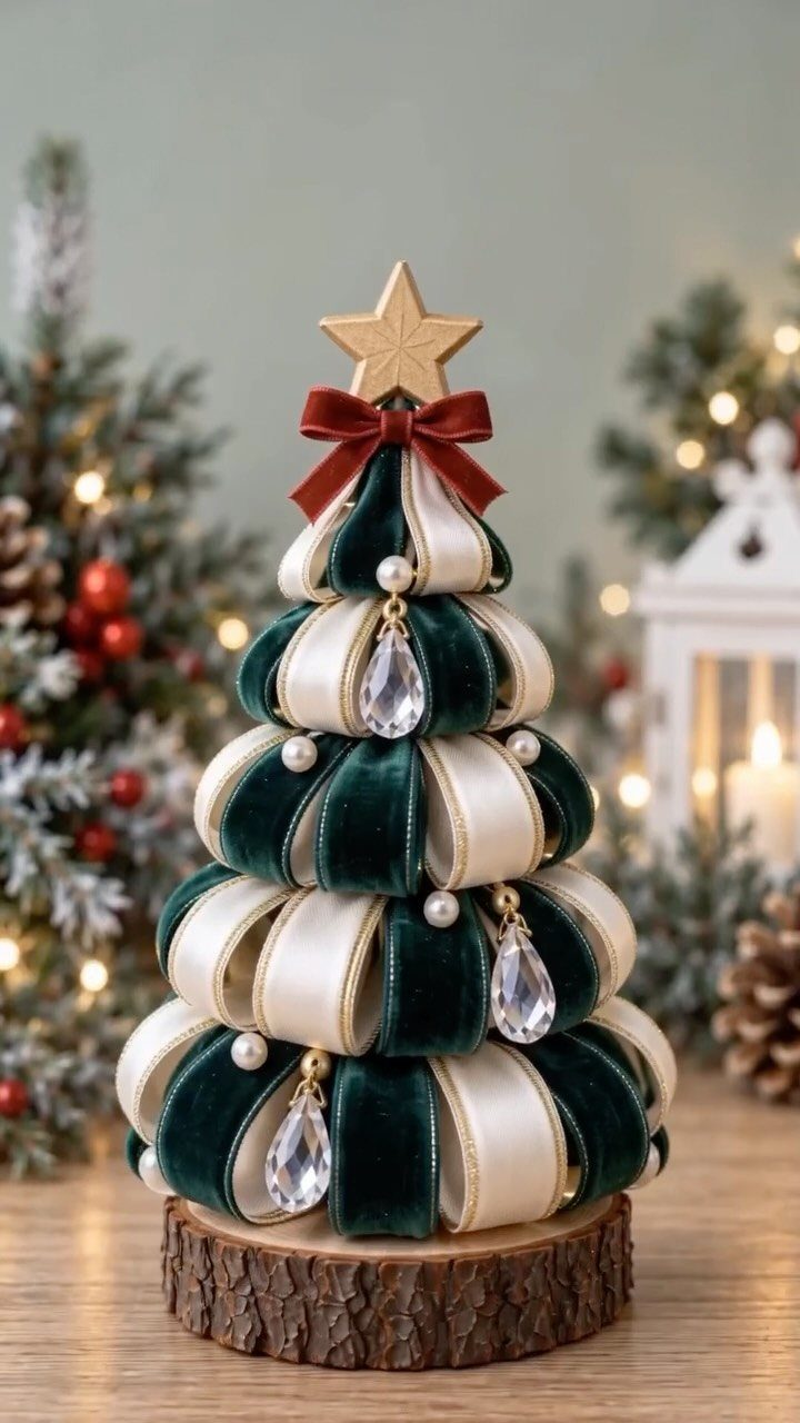 Velvet ribbon Christmas tree with crystals and a gold star on wood base.