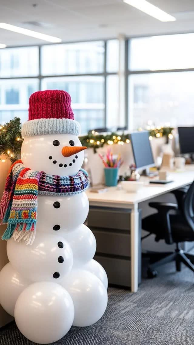 Balloon snowman with red hat and scarf in a decorated office setting