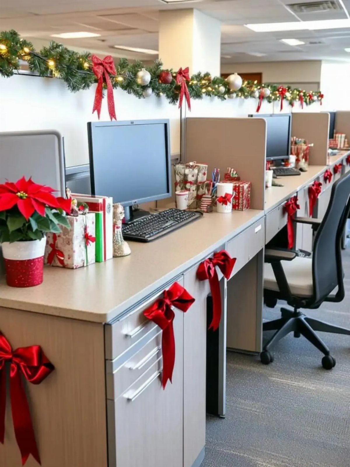 Office cubicles decorated with red bows, Christmas garland, and wrapped gift boxes.