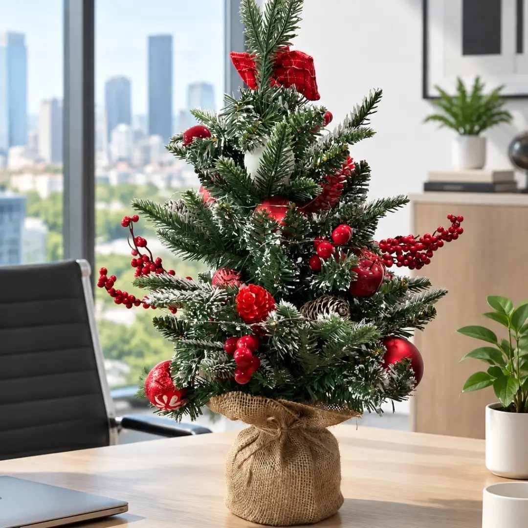 Small decorated Christmas tree with red ornaments on a wooden office desk.