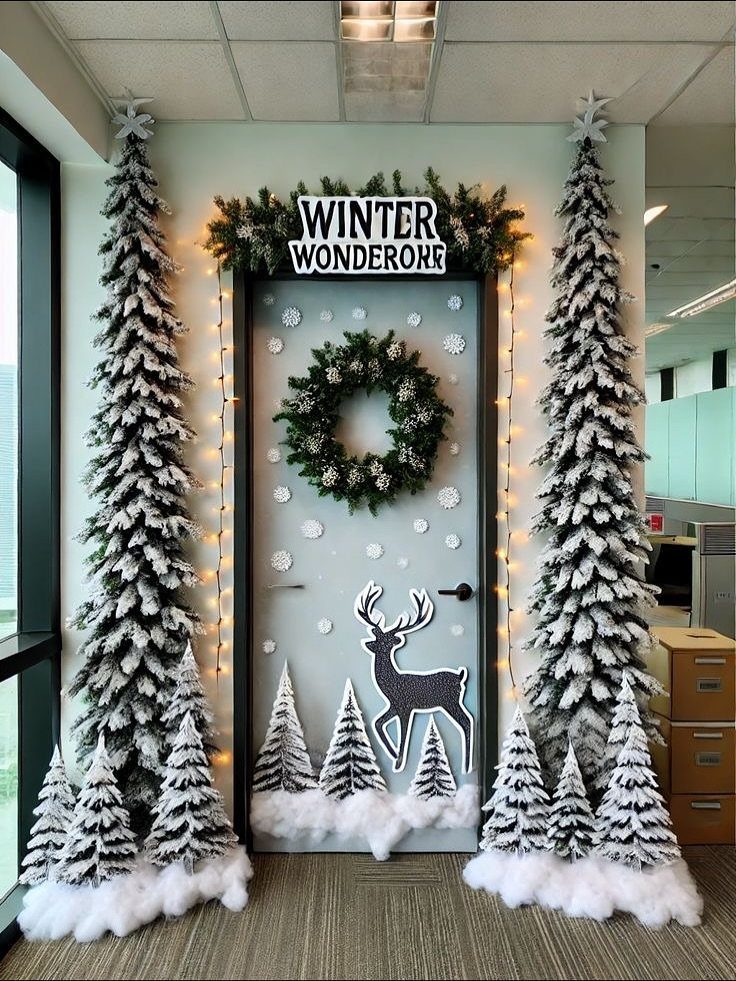 Decorated office door featuring a green wreath, deer silhouette, and flocked Christmas trees.