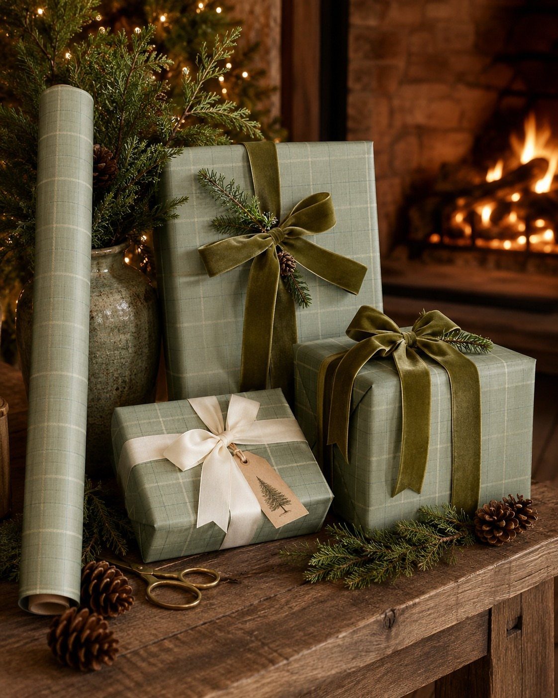 Plaid wrapped gifts with velvet ribbons on a wooden table by a fireplace.