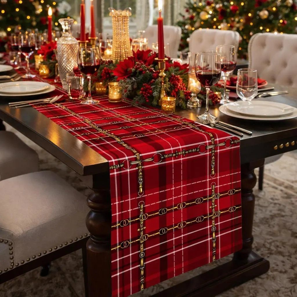 Dining table with red plaid runner, white plates, and festive Christmas centerpieces.