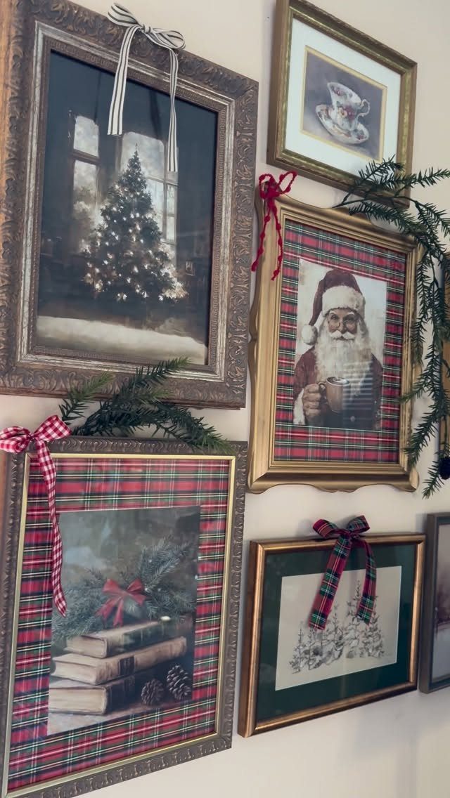 Framed Christmas artwork on a wall featuring red plaid borders and decorative ribbons.