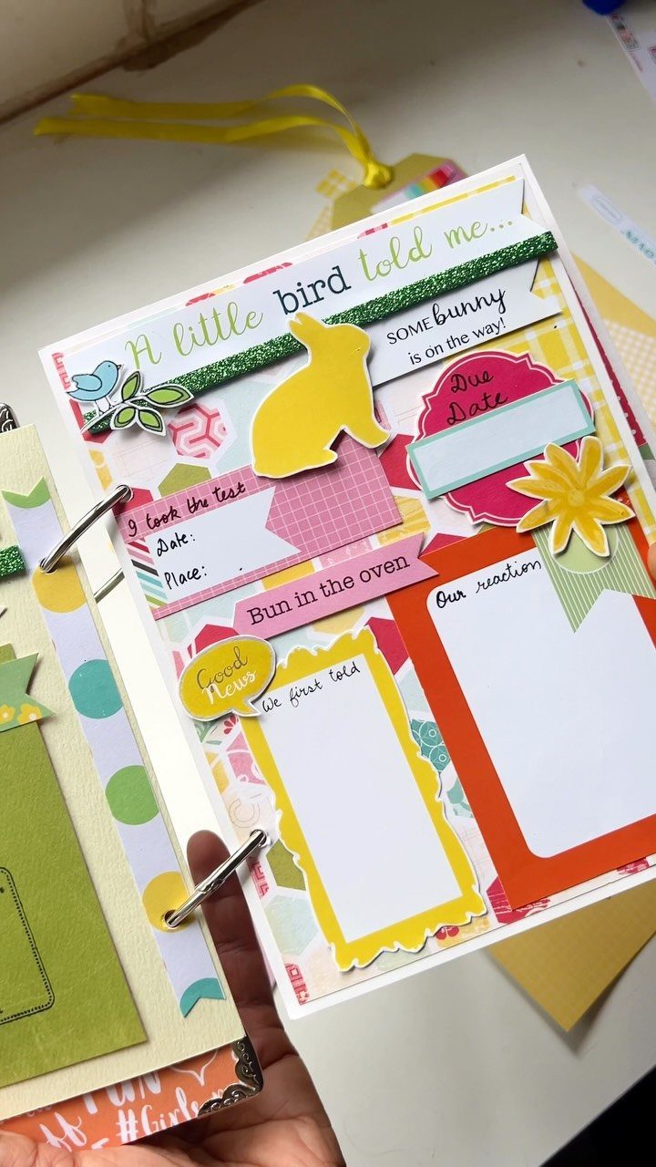 Handmade pregnancy journal page with colorful stickers, a yellow bunny, and memory prompts.