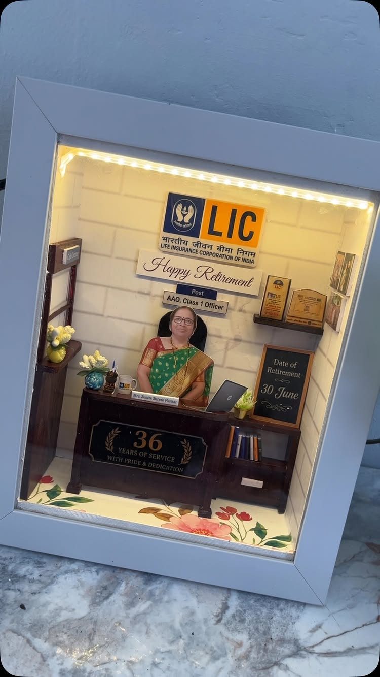 Custom 3D miniature retirement gift diorama of a woman at her office desk