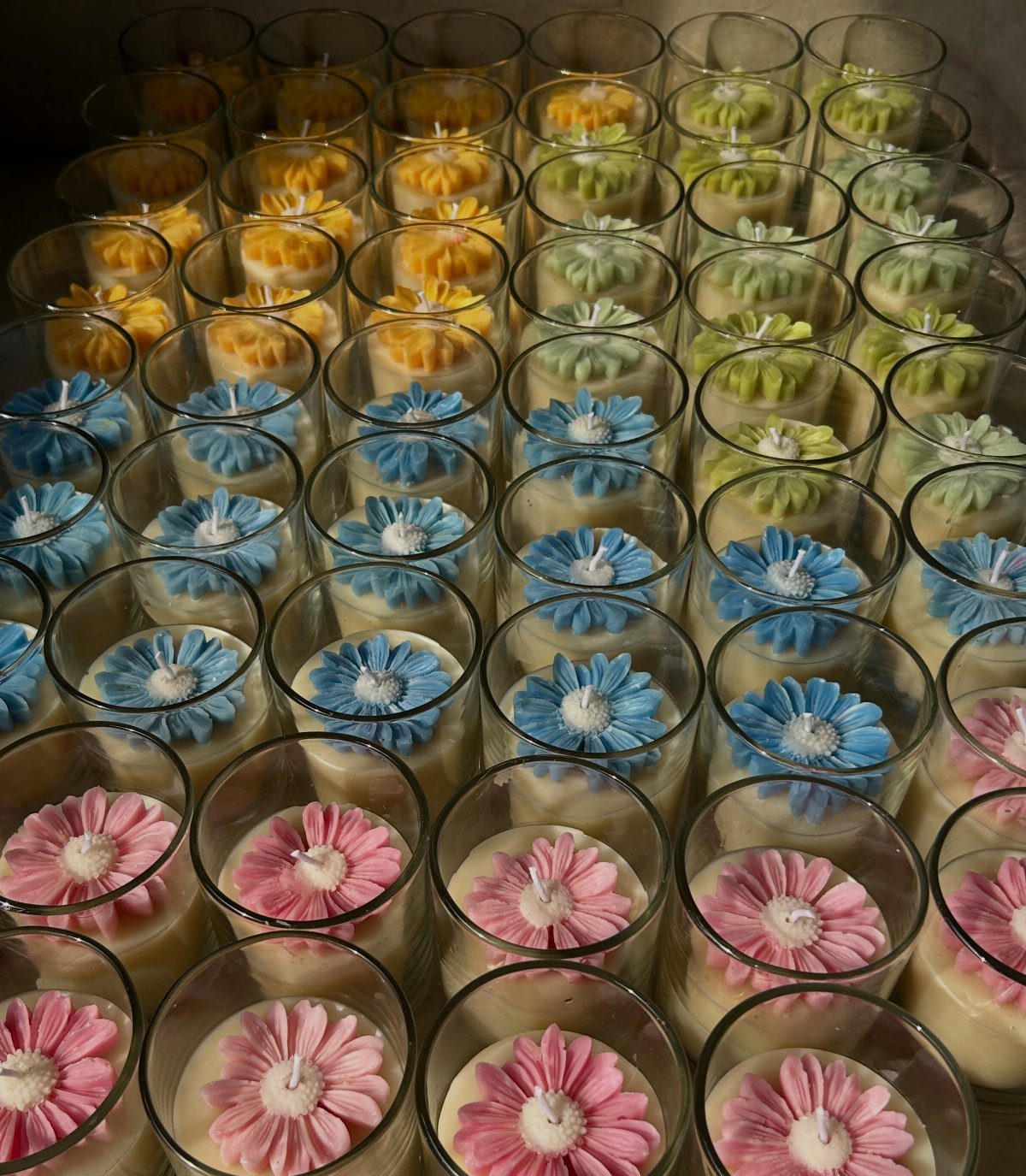 Colorful wax flower candles in small glass jars arranged in neat rows