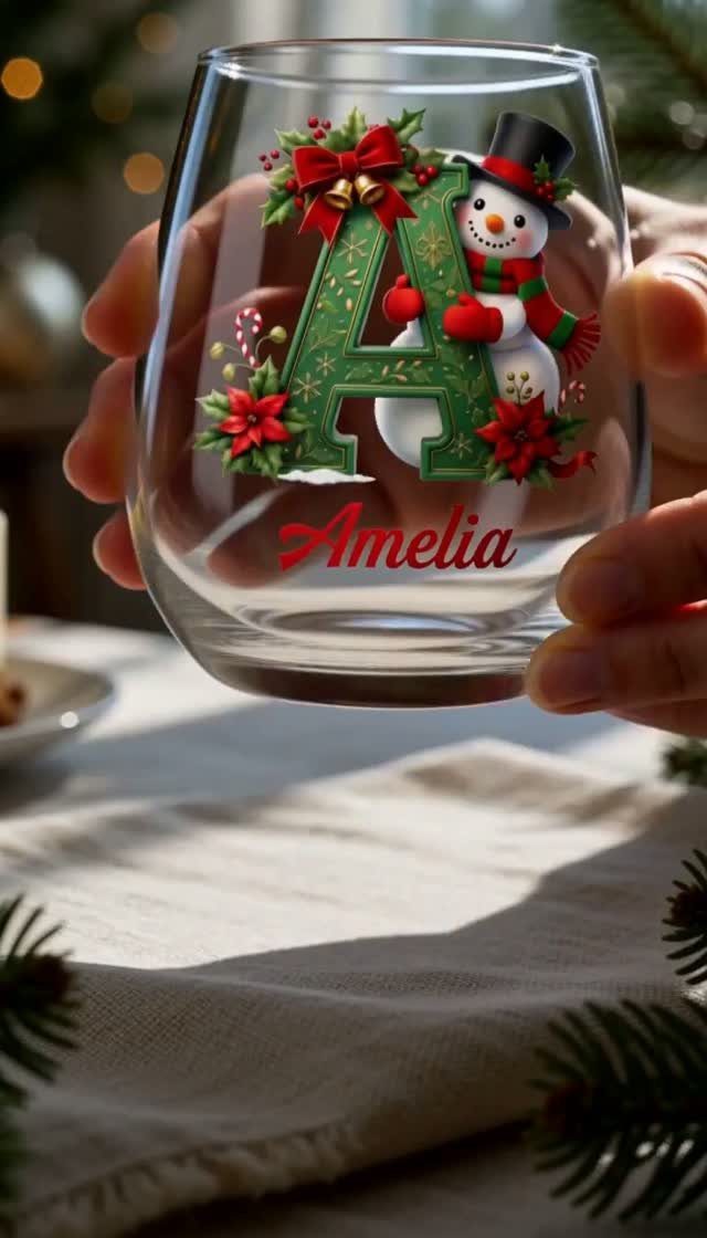 Stemless glass with personalized snowman and letter A design held in a hand