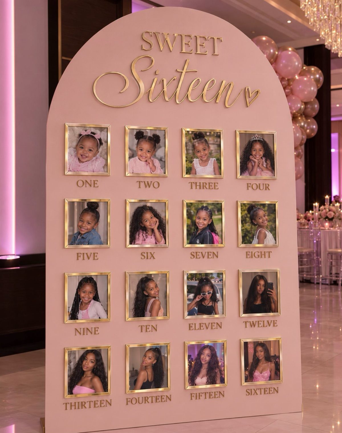 Pink arched photo display showing a girl's growth from age one to sixteen.