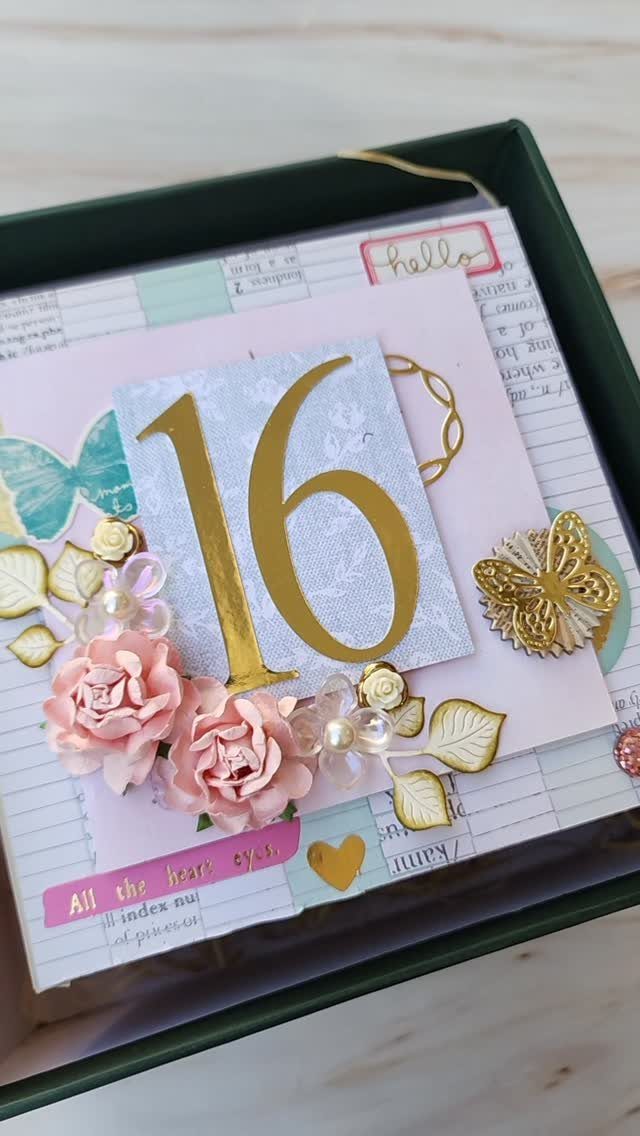 Handmade sweet 16 card with gold number 16, pink roses, and butterflies.
