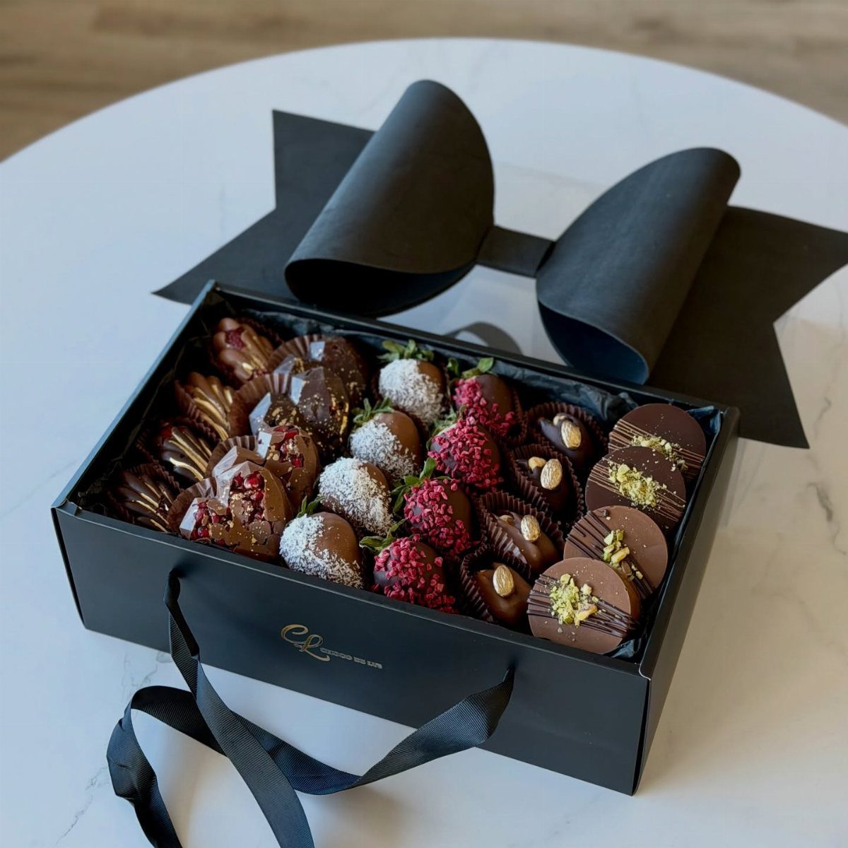 Assorted chocolate covered strawberries and truffles in a black gift box on marble.