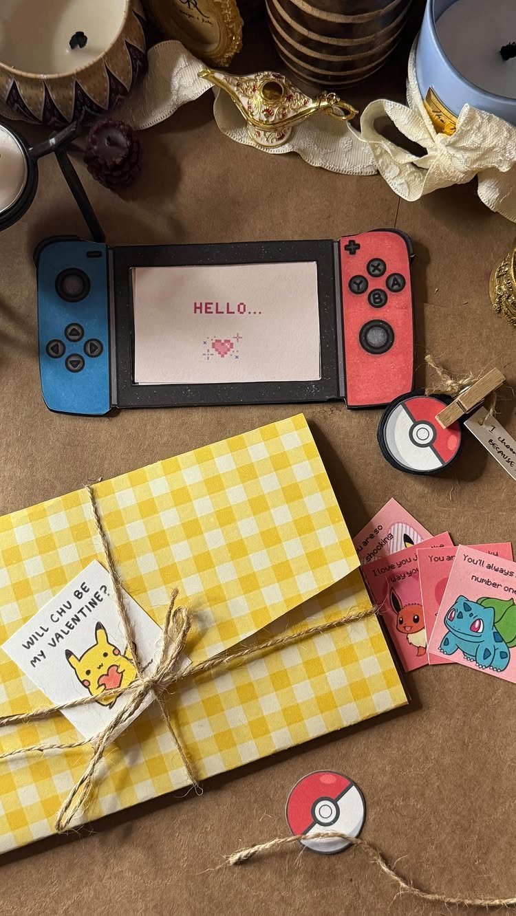 Handmade Pokemon themed Valentine's gift with cardboard console and yellow gingham package.
