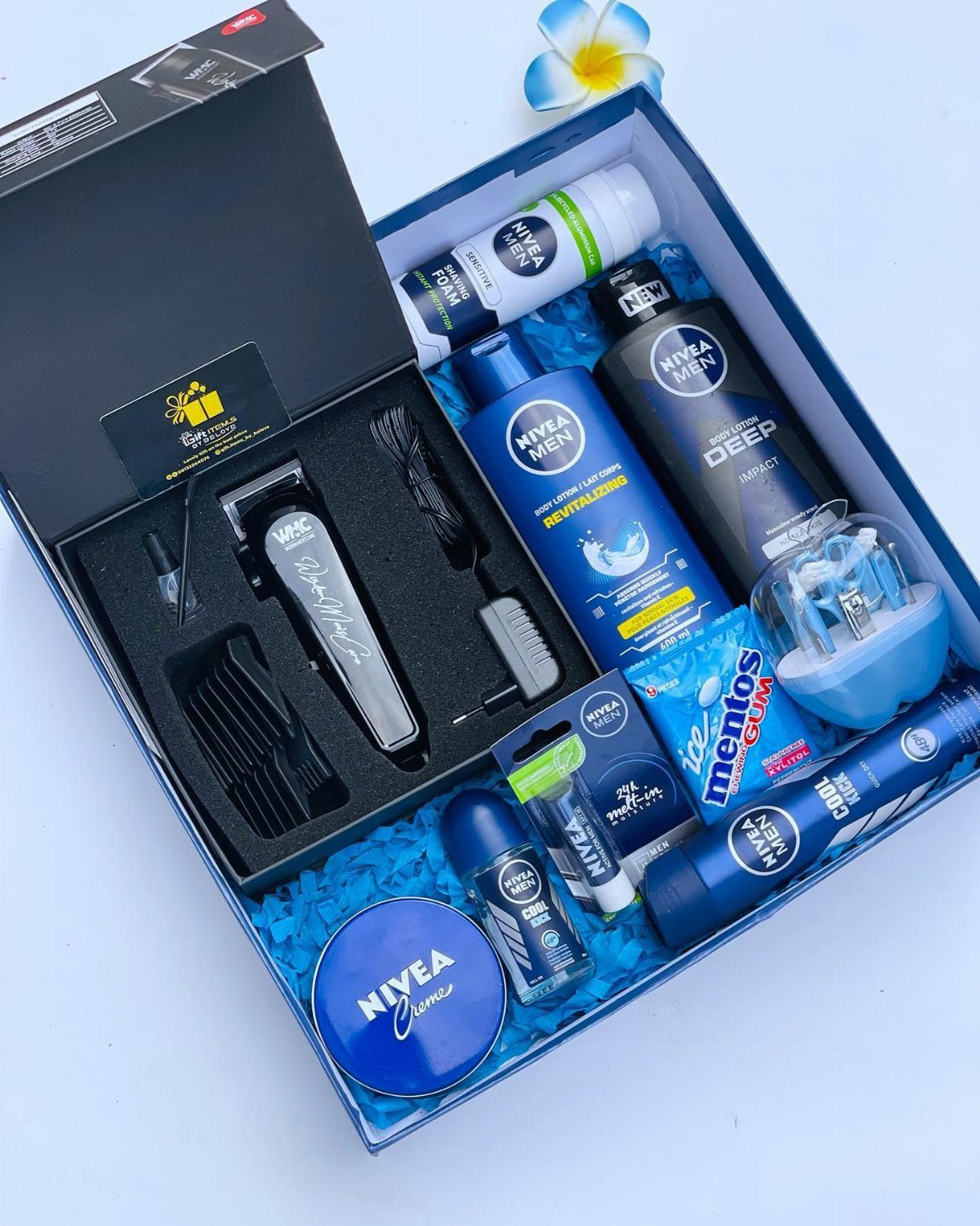 Nivea Men grooming gift set in a blue box with shaving and skincare products.