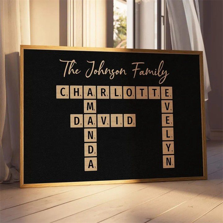 Personalized family crossword wall sign with wooden tiles on a black background.