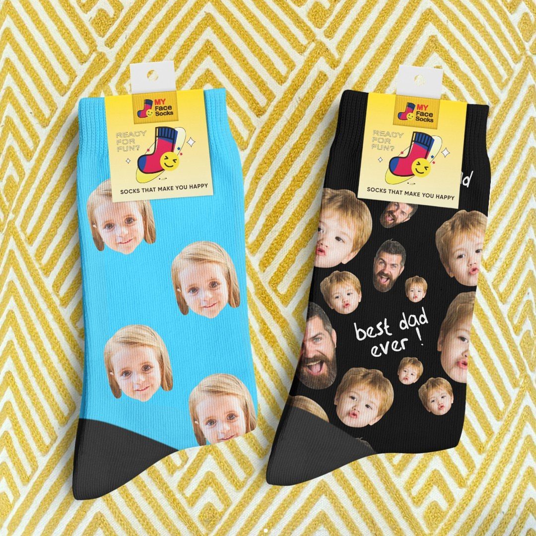 Custom socks with printed faces of a child and man on gold background.