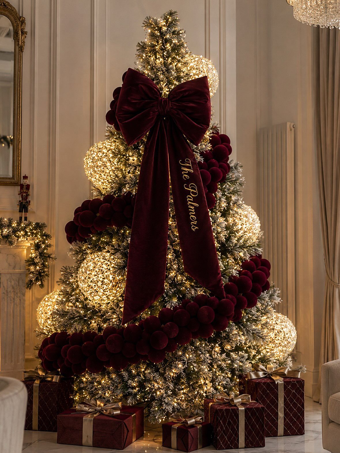 Flocked white Christmas tree with burgundy velvet bow, garland, and glowing white ornaments.