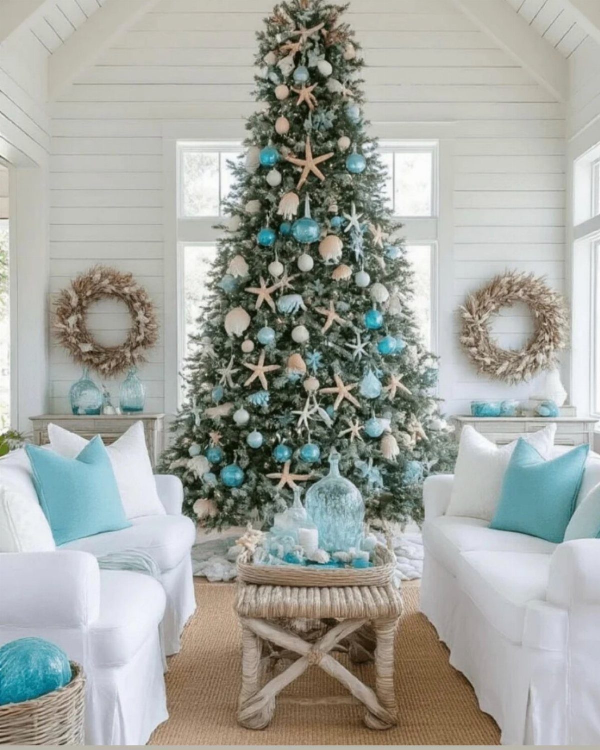 Coastal Christmas tree decorated with blue ornaments and starfish in a white living room