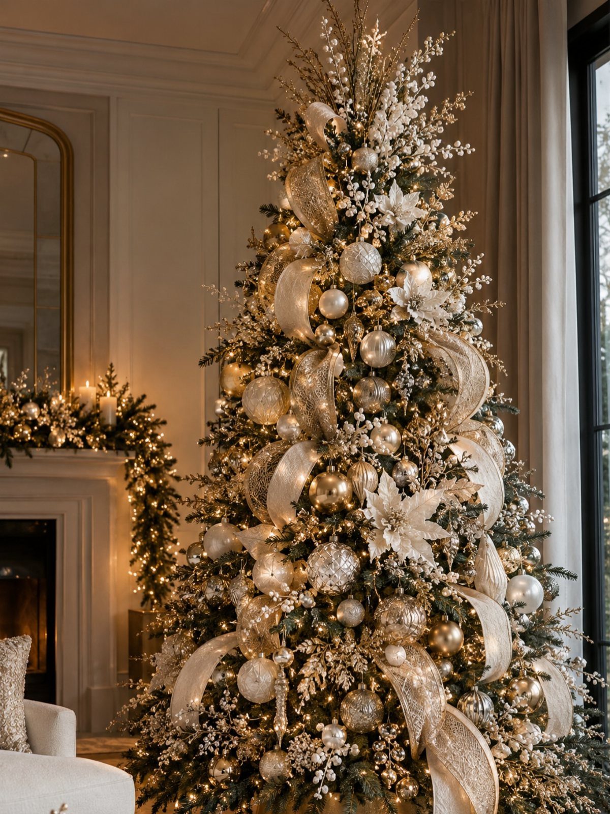 Christmas tree decorated with gold and white ornaments, ribbons, and white faux flowers.