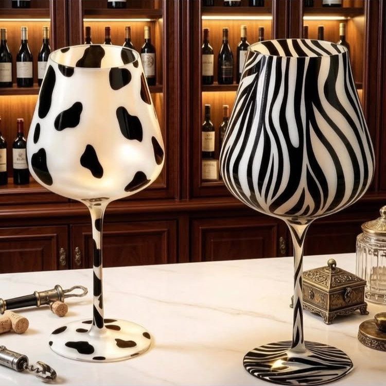 Two wine glasses with cow and zebra animal prints on a white counter.