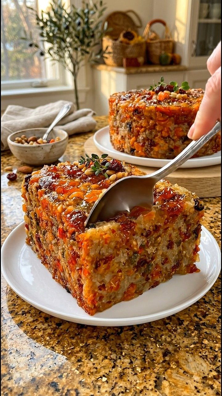 Fruitcake with dried fruits and nuts on a white plate being served.