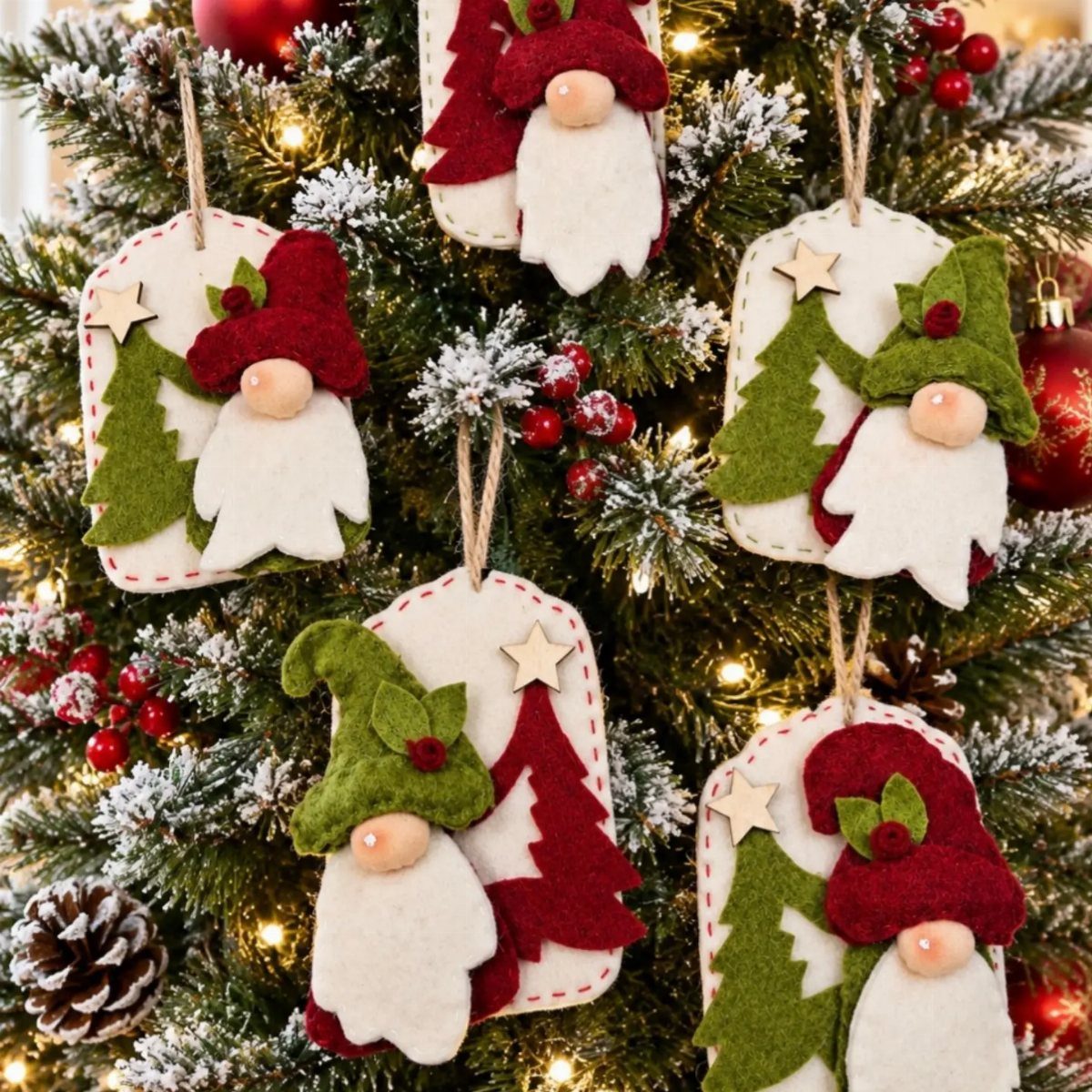 Handmade felt gnome ornaments with red and green hats hanging on a Christmas tree