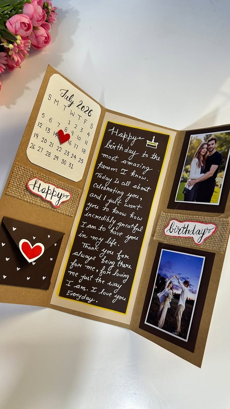 Handmade birthday card with a calendar, handwritten letter, and couple photos.