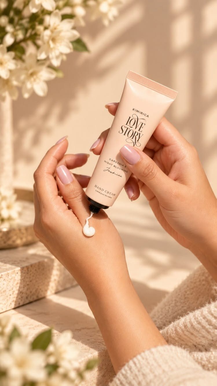 Hands applying hand cream from a peach tube with white flowers in background
