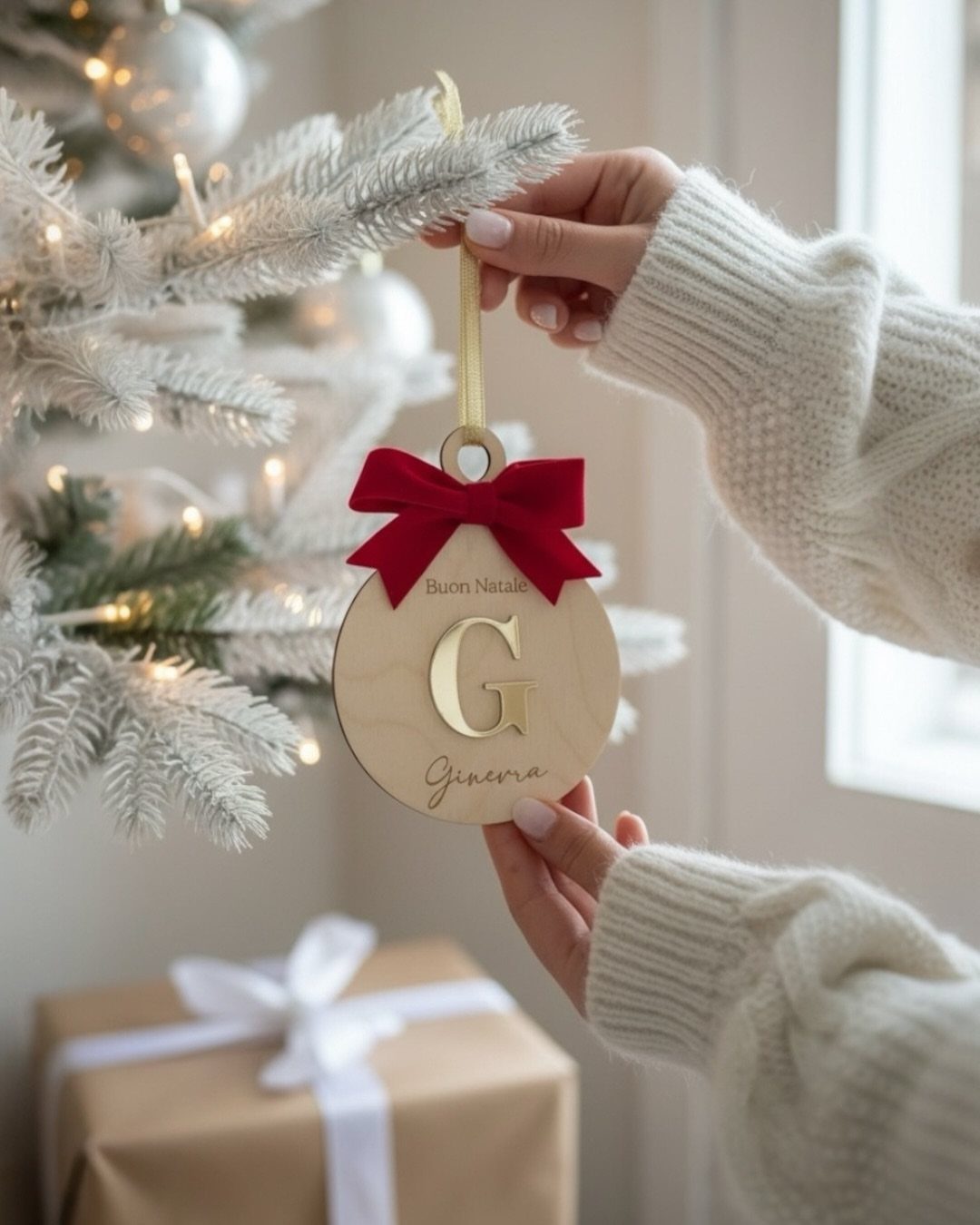 Wooden circular Christmas ornament with red bow held against a frosted tree.