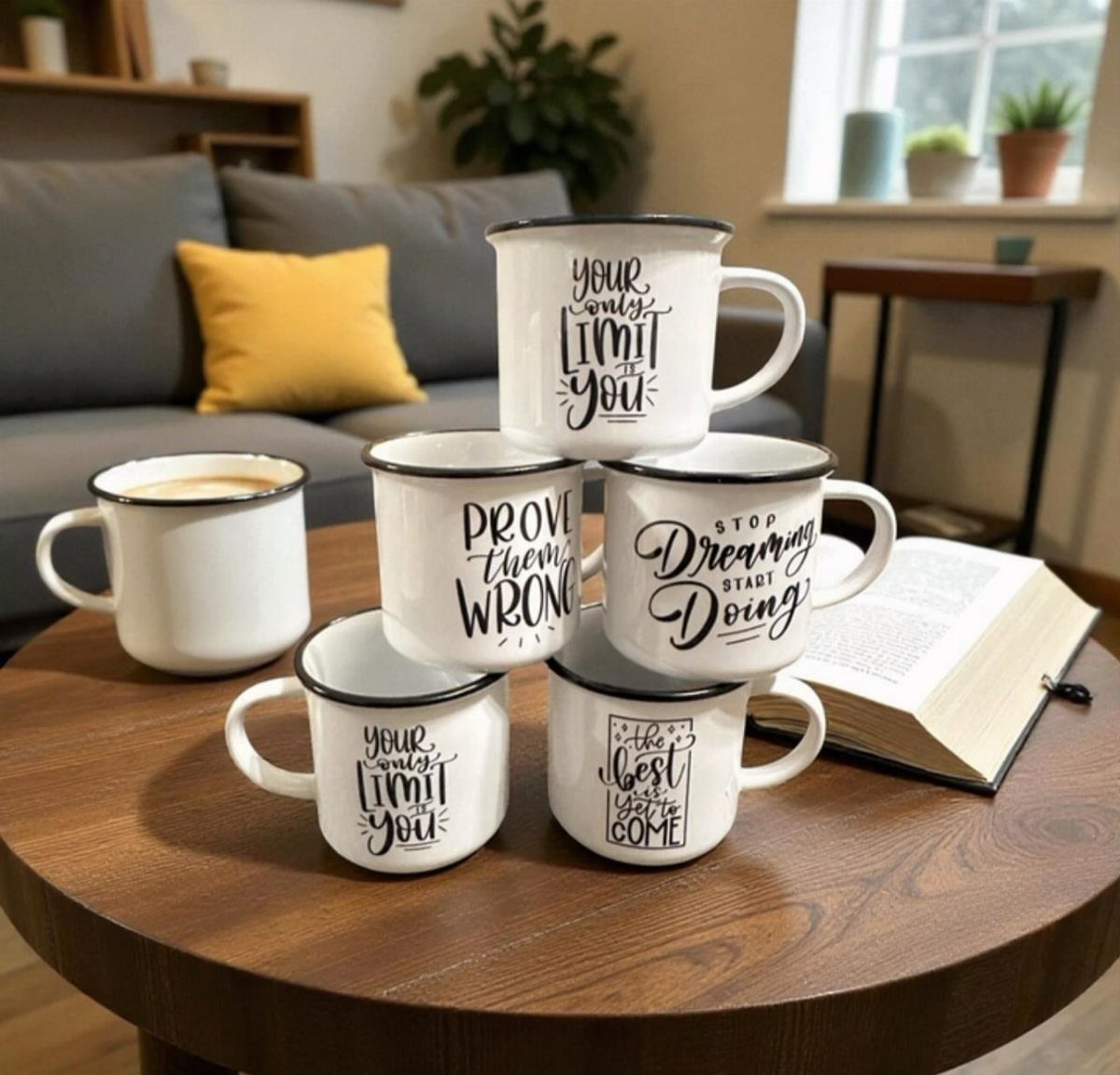 White enamel mugs with motivational quotes arranged on a wooden coffee table.