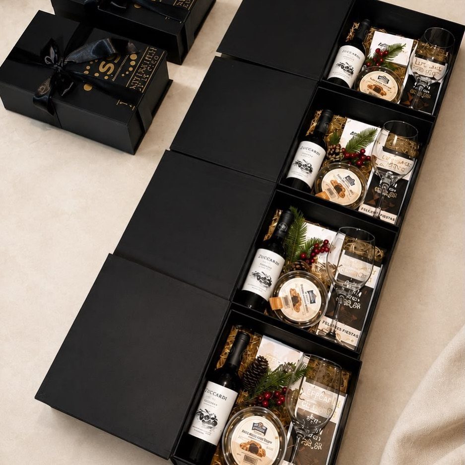 Four black gift boxes containing wine bottles, glasses, and jars on white fabric.